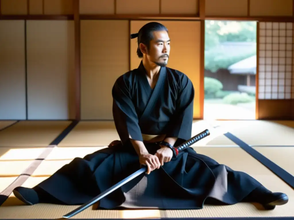 Un maestro del Iaido samurái, con determinación calmada, desenfunda su katana en un dojo sereno