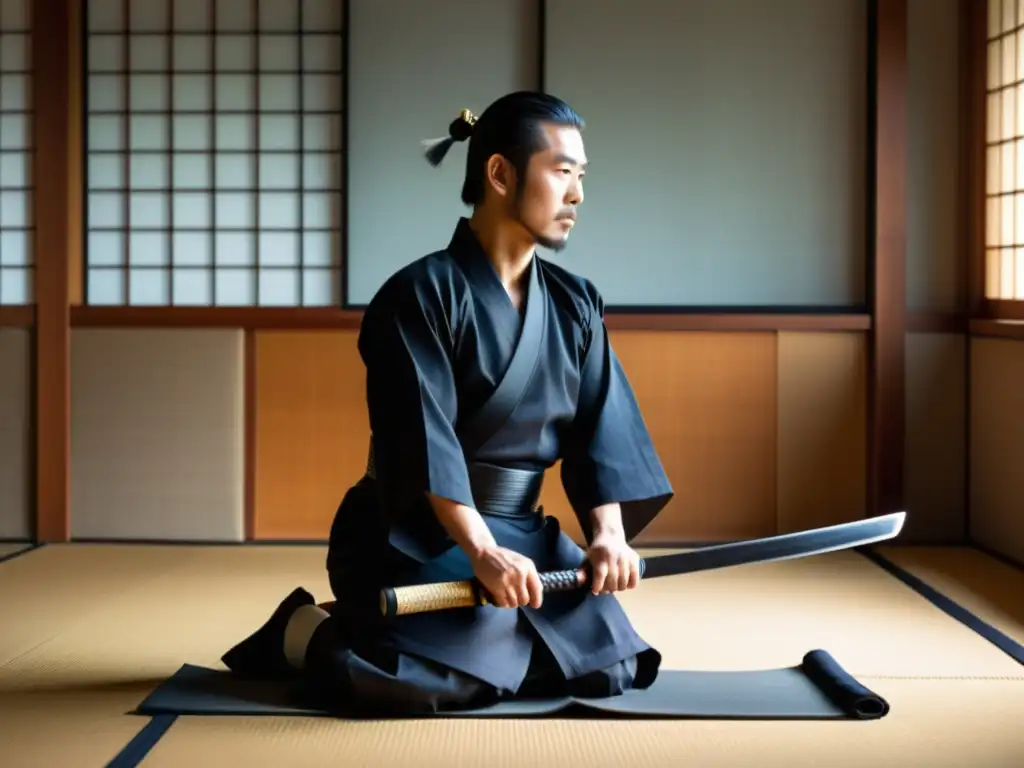 Un maestro de Iaido samurái en vestimenta tradicional, desenfunda con gracia un katana brillante en un dojo sereno