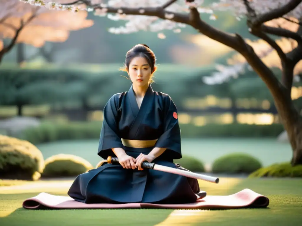 Un maestro de Iaido en un jardín sereno al amanecer, rodeado de árboles de cerezo en flor