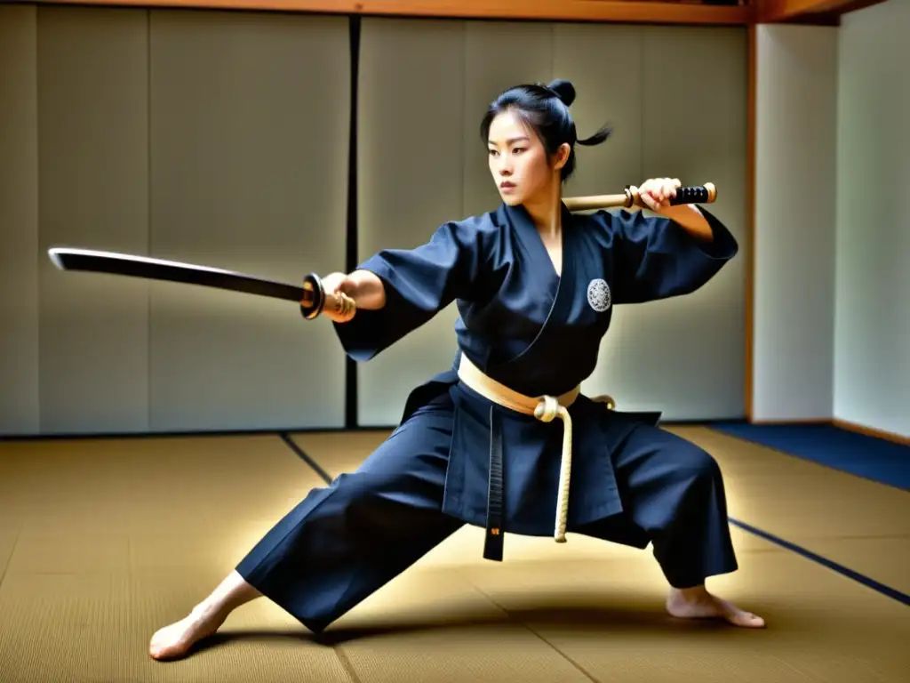 Un maestro de Iaido demuestra una técnica defensiva con una katana en un dojo tradicional, destacando la intensidad y disciplina del entrenamiento