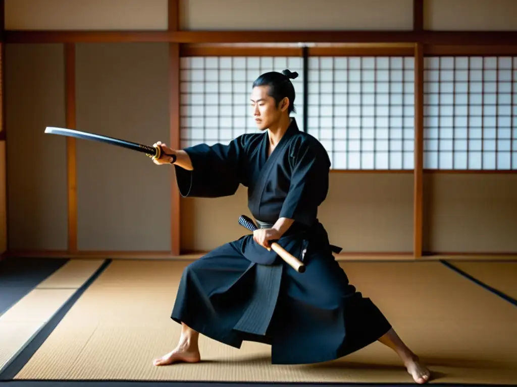 Un maestro de Iaido ejecuta una técnica impecable con su katana en un dojo sereno