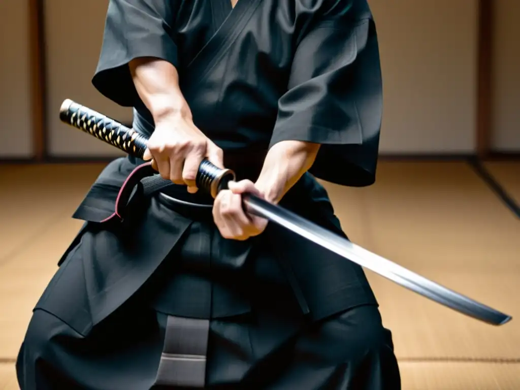 Un maestro de Iaido ejecutando una técnica precisa con katana, evocando la disciplina y estética de las ceremonias tradicionales de Iaido