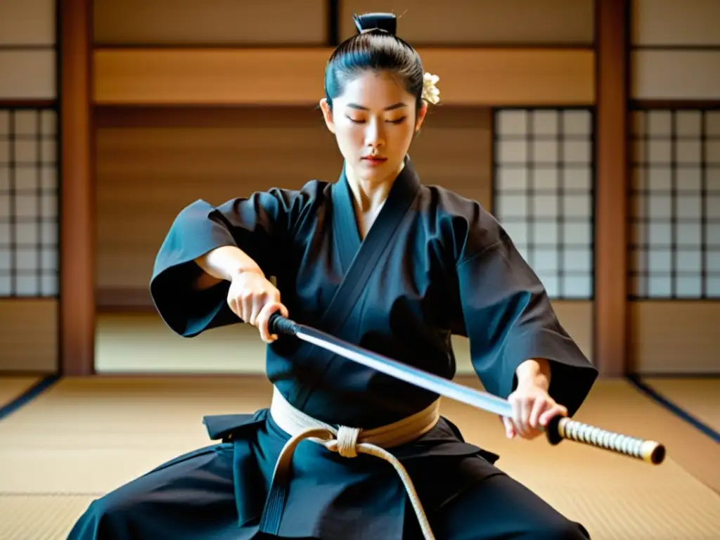 Un maestro de iaido realiza una técnica precisa, destacando la elegancia y tradición de esta disciplina en un dojo sereno