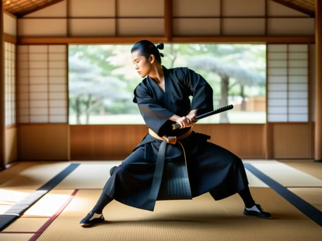 Un maestro del Iaido samurái ejecutando técnicas esenciales con gracia y precisión, en un ambiente sereno y reverente