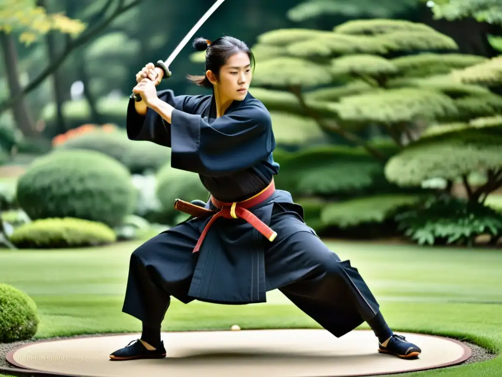 Un maestro del Iaido samurái ejecuta con maestría las técnicas esenciales en un jardín japonés sereno