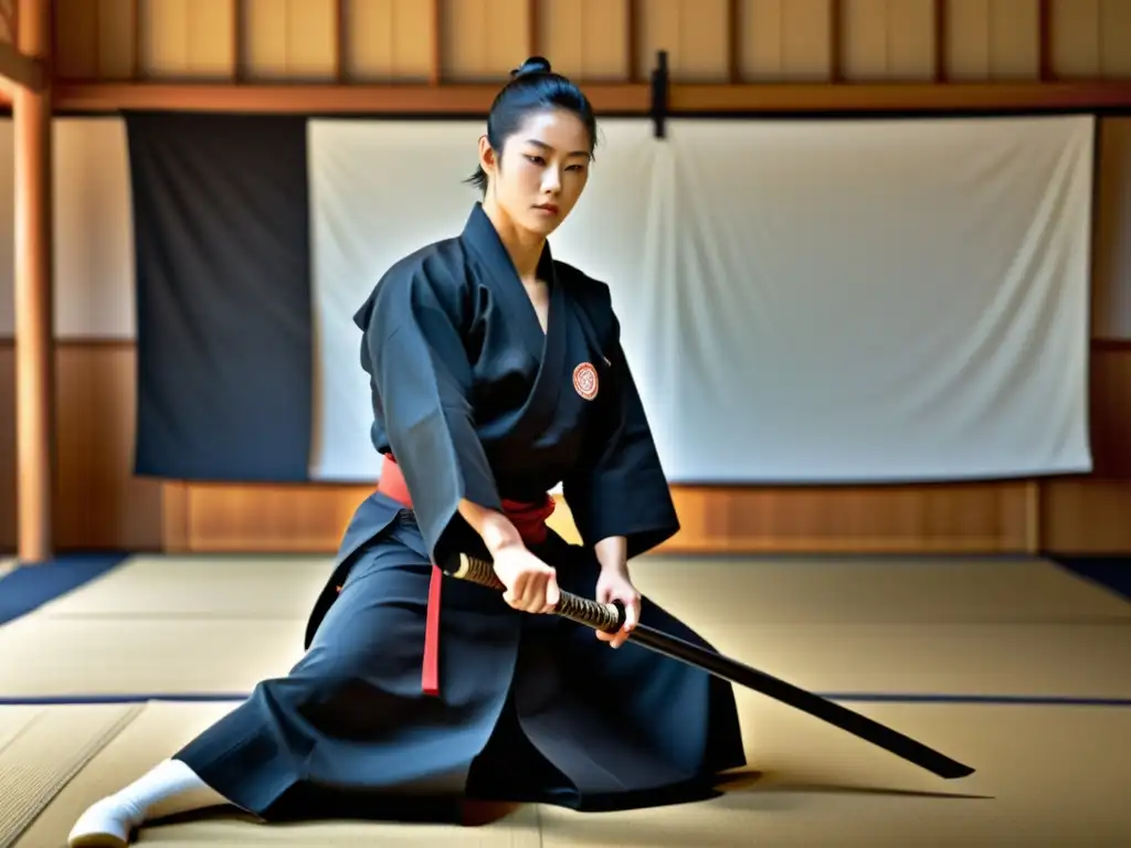 Un maestro de Iaido deslumbra con técnicas de desenvainar samurái en un dojo sereno y enfocado