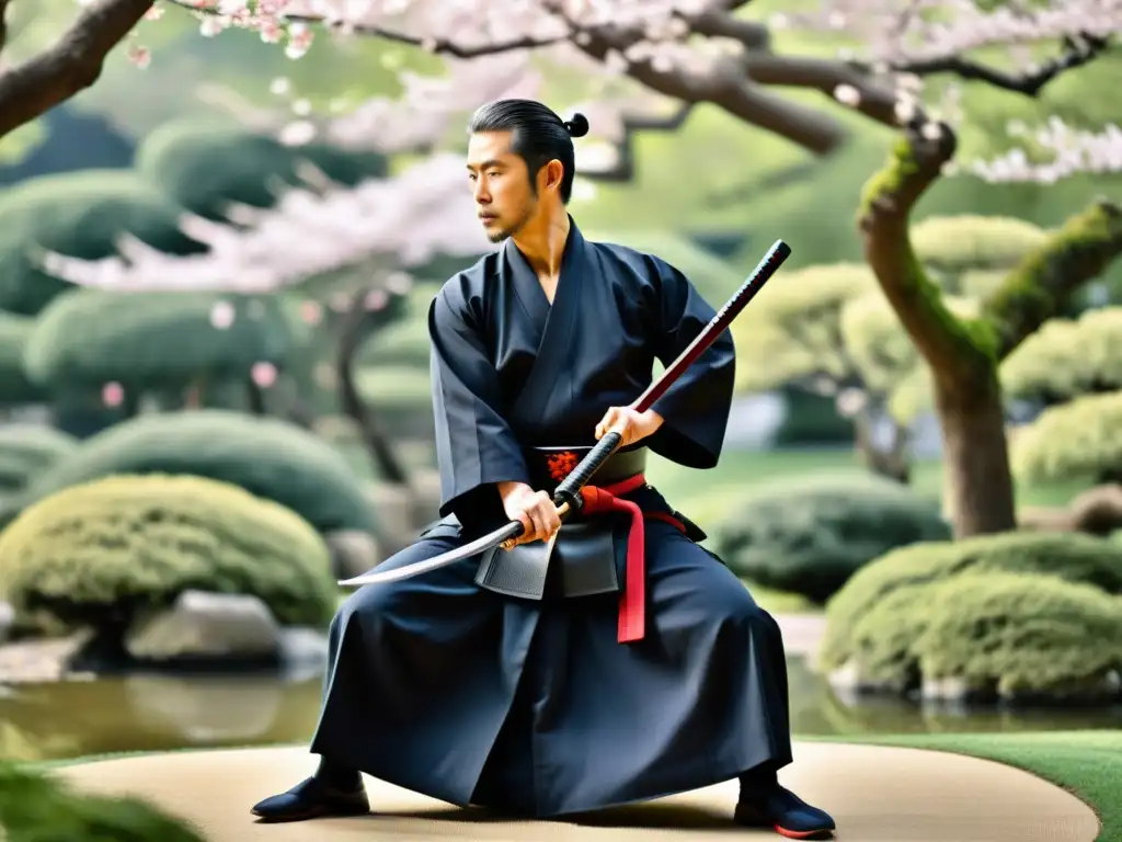 Un maestro de iaido, vestido con atuendo samurái tradicional, desenvaina su katana en un apacible jardín japonés repleto de cerezos en flor