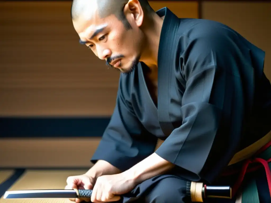 Un maestro iaidoka desenfunda con gracia su katana, capturando la precisión y destreza del arte del samurái