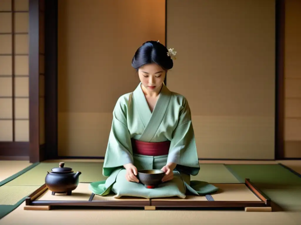 Maestro del té japonés realiza ceremonia con precisión y elegancia, en una atmósfera de serenidad y legado confuciano