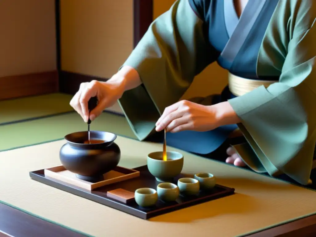 El maestro del té japonés realiza ceremonia con estética cultural y gastronomía samurái, reflejando tradición y belleza refinada