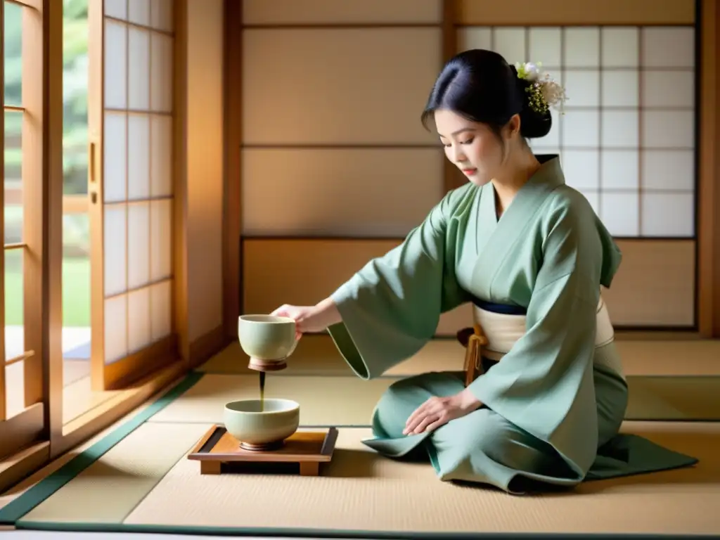 Maestro japonés realiza ceremonia del té en tatami, expresando la filosofía del arte samurái online en ambiente sereno y tradicional