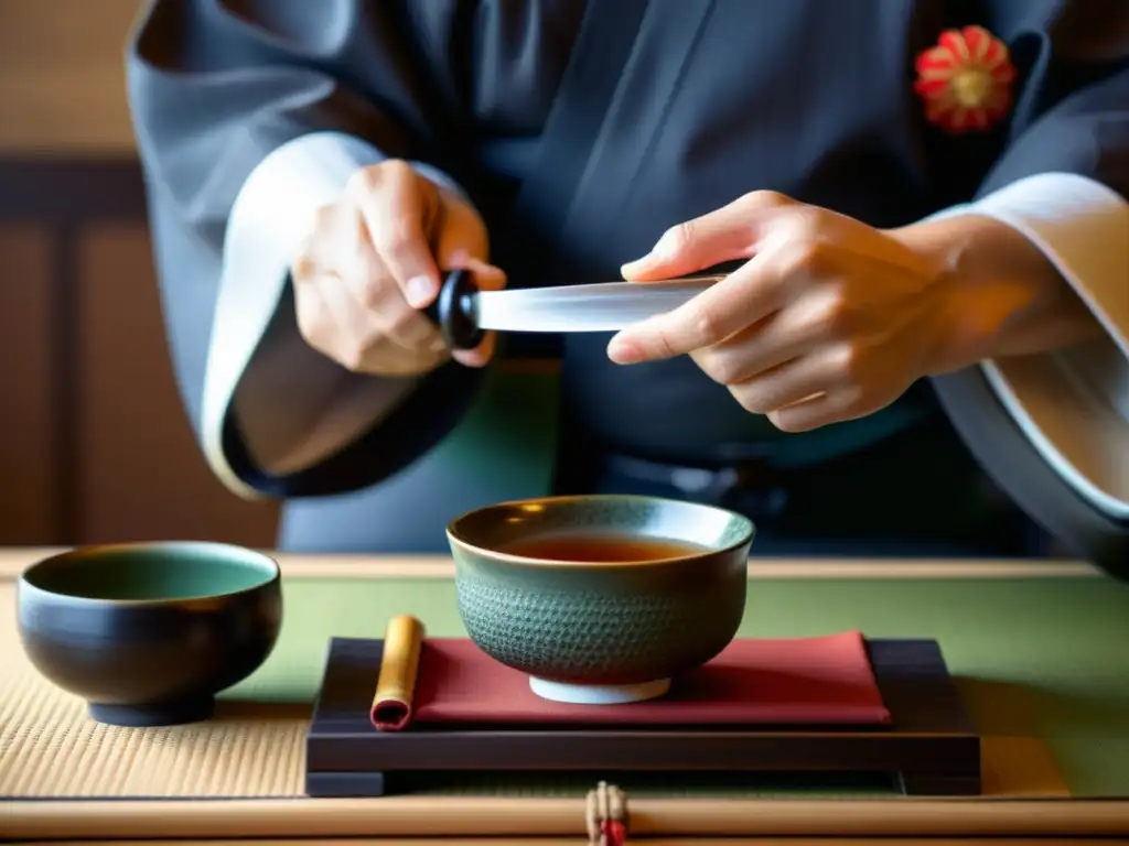 Maestro japonés presenta con cuidado un tanto en la ceremonia del té, evocando armonía y reverencia