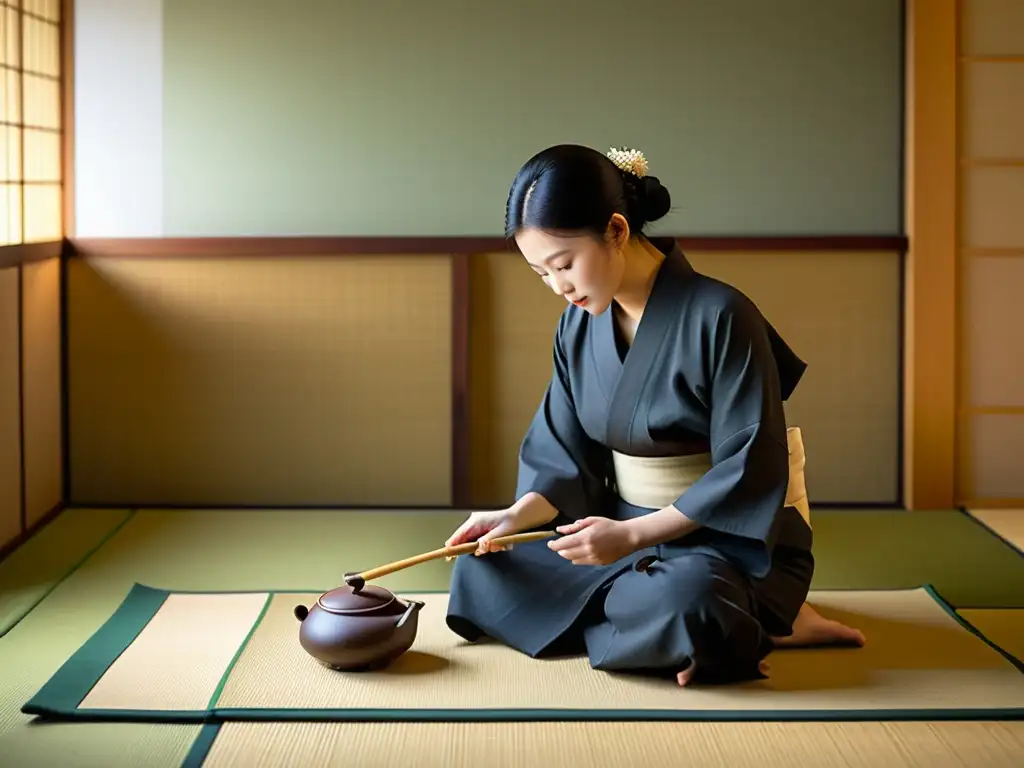 Un maestro de té japonés realiza una elegante ceremonia en una habitación minimalista