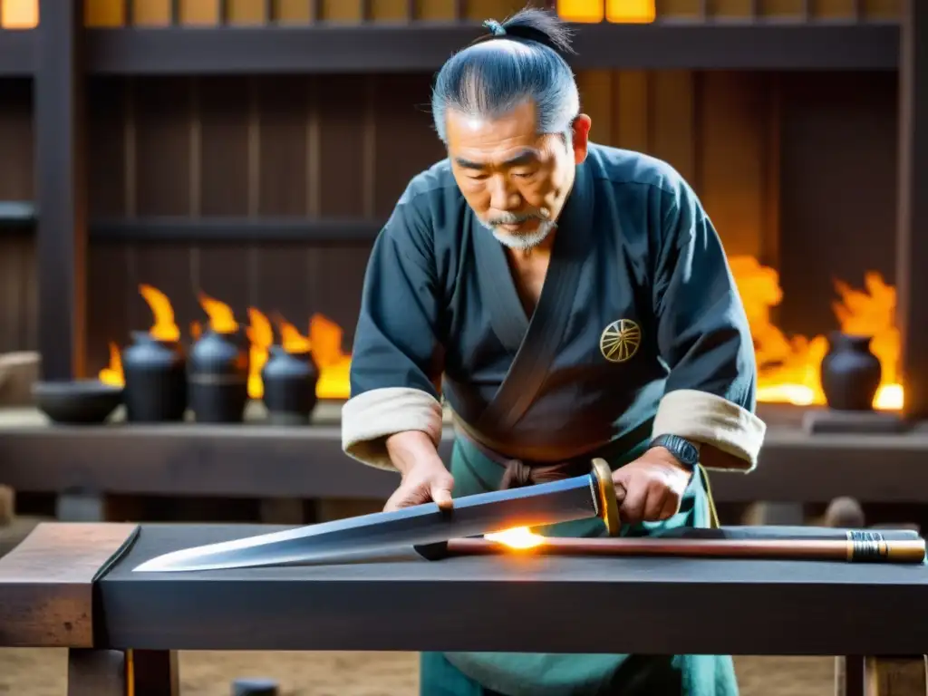 Un maestro japonés de katanas inspecciona cuidadosamente una espada recién forjada, rodeado de herramientas tradicionales y materiales