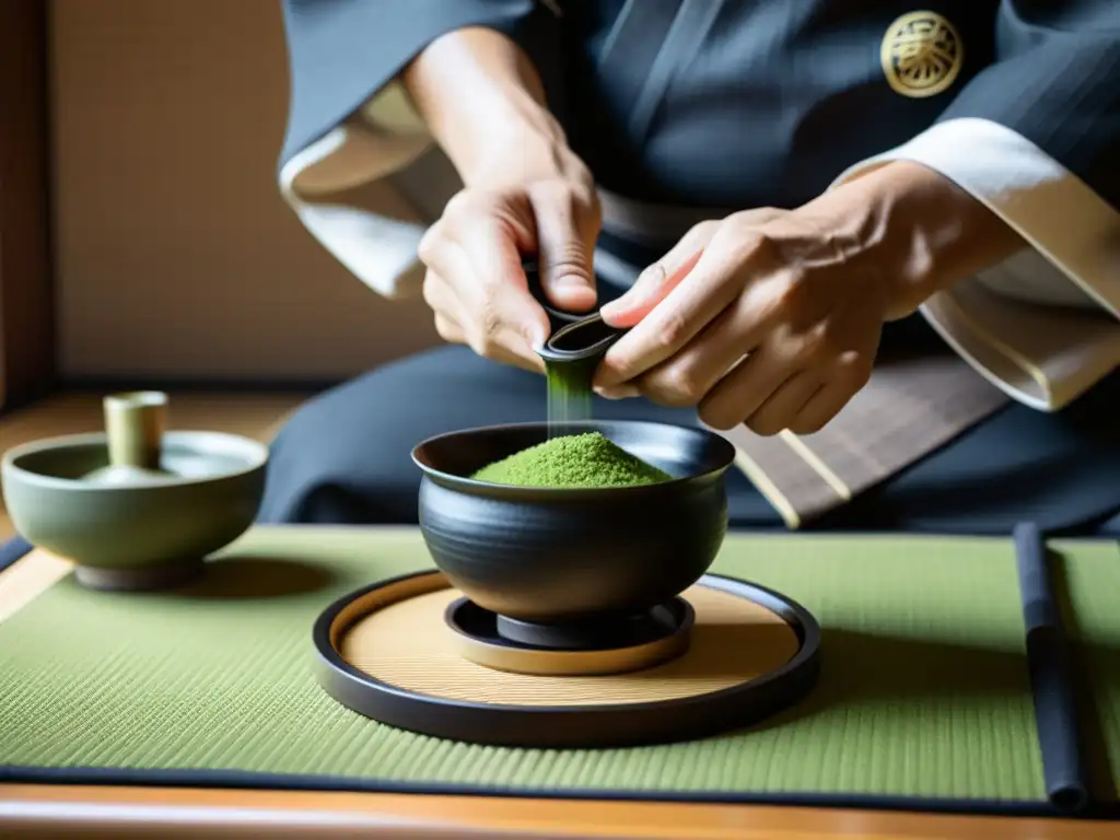 Un maestro del té japonés prepara matcha en una ceremonia tradicional, evocando la Importancia de la poesía samurái en un ambiente sereno y elegante