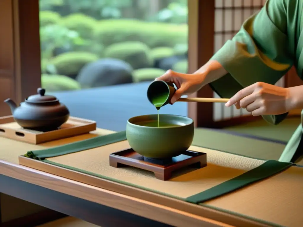 Un maestro del té japonés prepara matcha en un entorno sereno y minimalista, evocando resonancias samuráis en poesía contemporánea