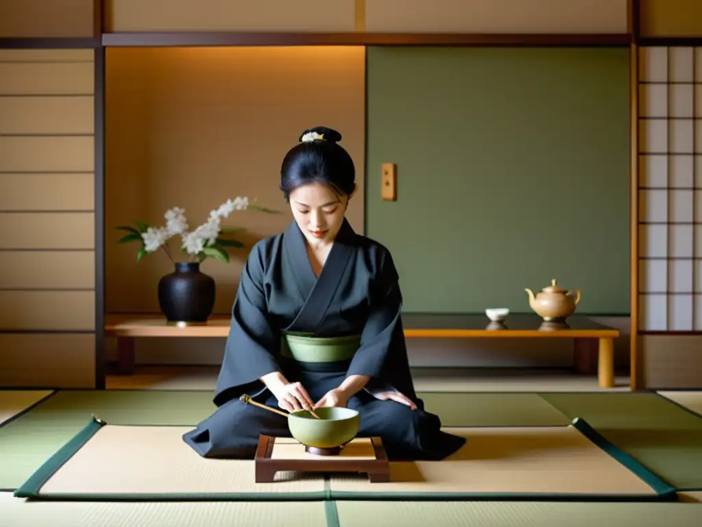 El maestro del té japonés prepara matcha con gracia en una sala de tatami serena, capturando la esencia de la Tanto en la ceremonia del té