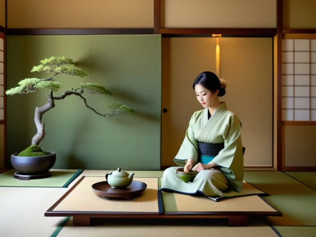 Maestro del té japonés preparando matcha en una sala de tatami, con pinturas delicadas y bonsáis, reflejando el equilibrio en la cotidianidad samurái