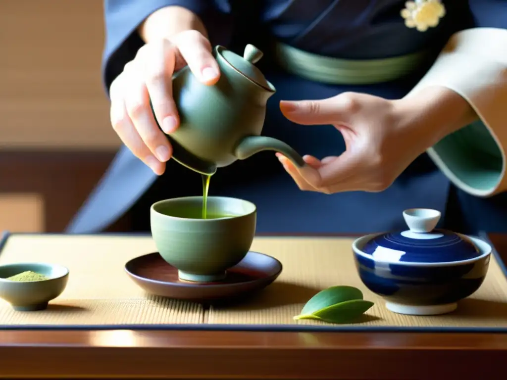 Un maestro de té japonés vierte matcha en una taza de cerámica rodeado de flores y cerámica, transmitiendo la elegancia y precisión de la ceremonia