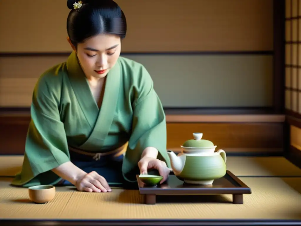 El maestro de té japonés prepara matcha en una tranquila habitación de tatami, con influencia samurái en joyería japonesa