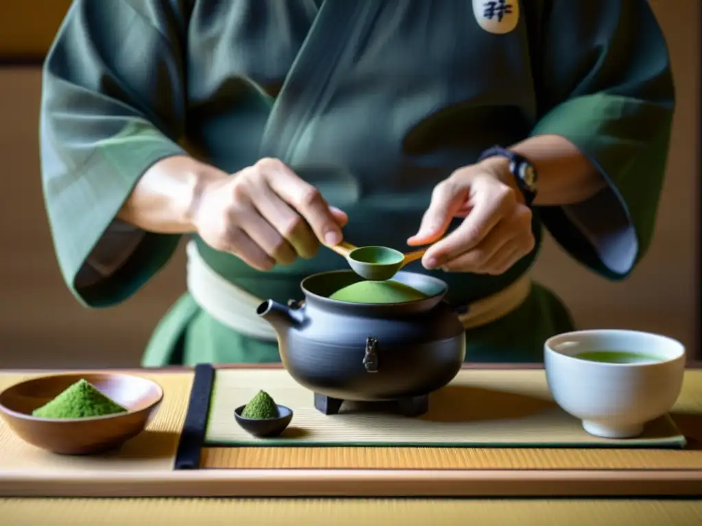 Un maestro de té japonés se concentra en la preparación del matcha en una tranquila ceremonia, evocando la rutina diaria del Bushido