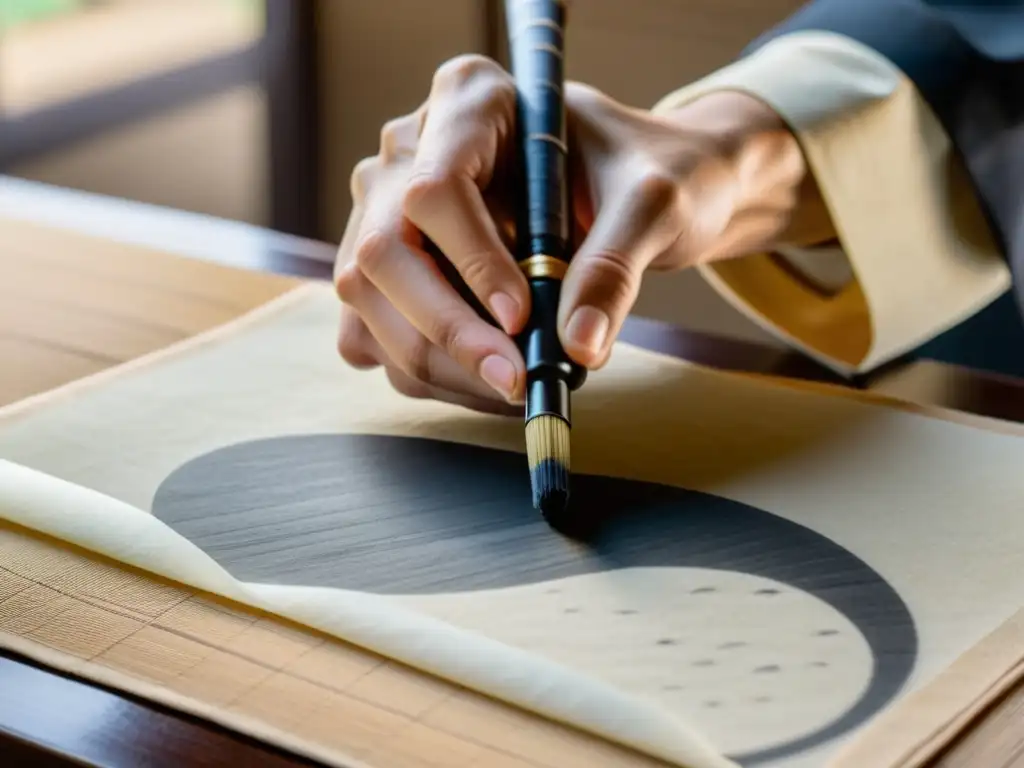 Un maestro calígrafo japonés aplica tinta con precisión sobre papel, con una katana al fondo