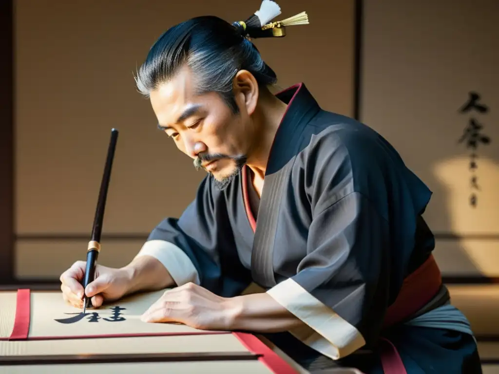 Maestro callígrafo japonés en traje tradicional aplicando tinta en pergamino