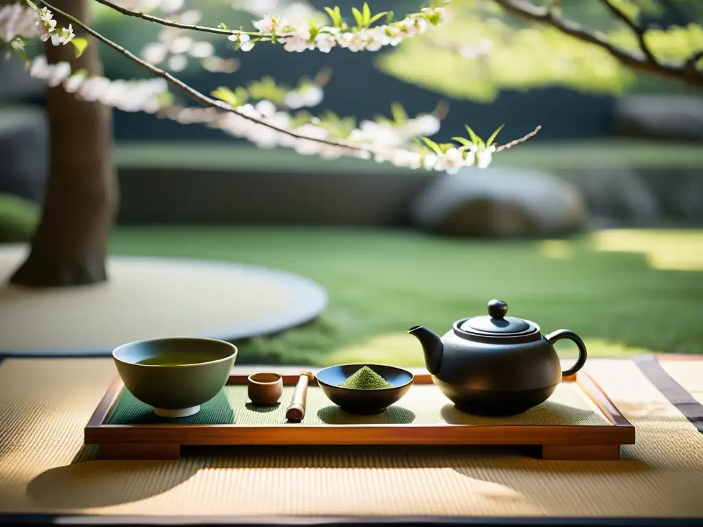 Un maestro de té japonesa realiza una ceremonia en un jardín sereno, con influencia de la impermanencia en samurái