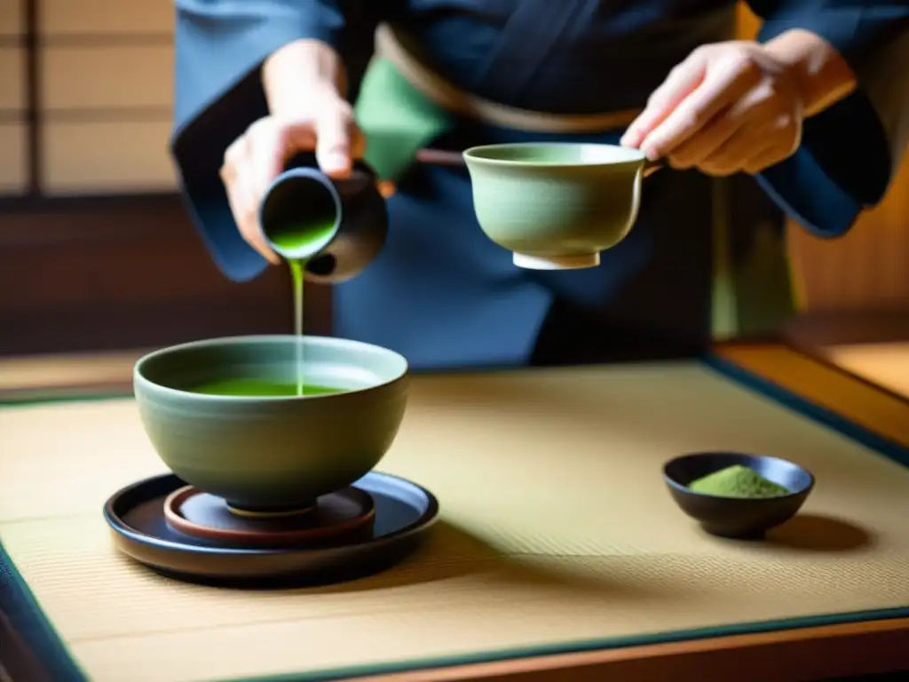 Un maestro de té japonesa vierte matcha en una taza en una tranquila habitación tatami, capturando la esencia de la cultura samurái de los Daimyos y Shogunes