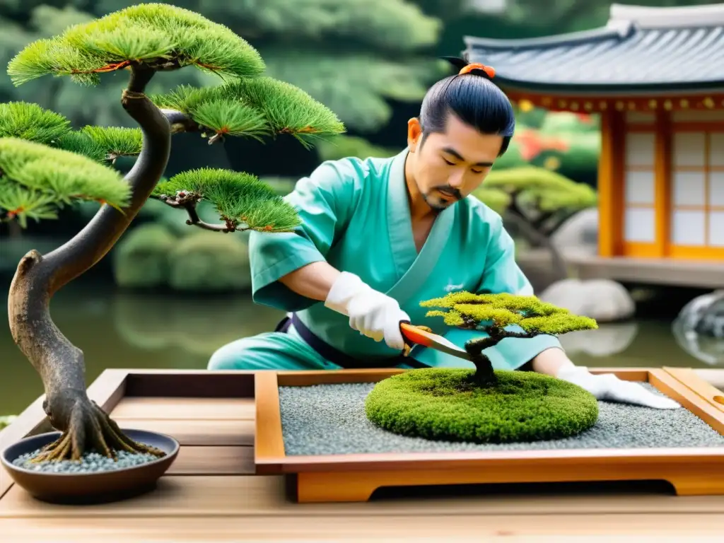 Un maestro jardinero japonés viste atuendo tradicional mientras poda con precisión un bonsái en un jardín tranquilo