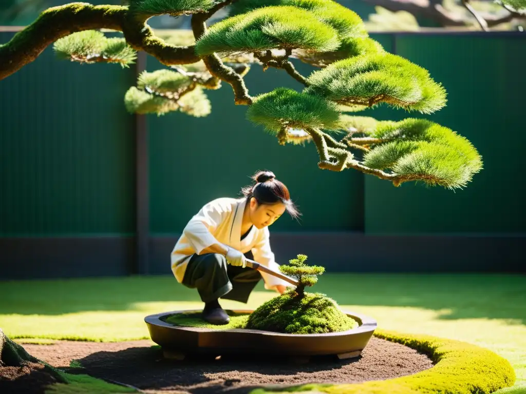 Un maestro jardinero japonés poda con precisión un bonsái en un jardín sereno cubierto de musgo