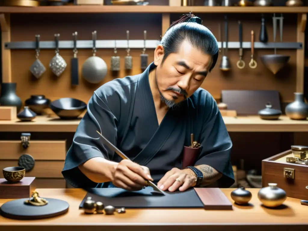 Un maestro joyero japonés crea una pieza de joyería inspirada en los samuráis, rodeado de herramientas e iluminado por una suave luz