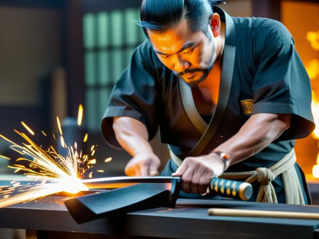 Un maestro herrero japonés crea una katana tradicional con precisión y dedicación, resaltando las diferencias entre katanas ceremoniales y de batalla