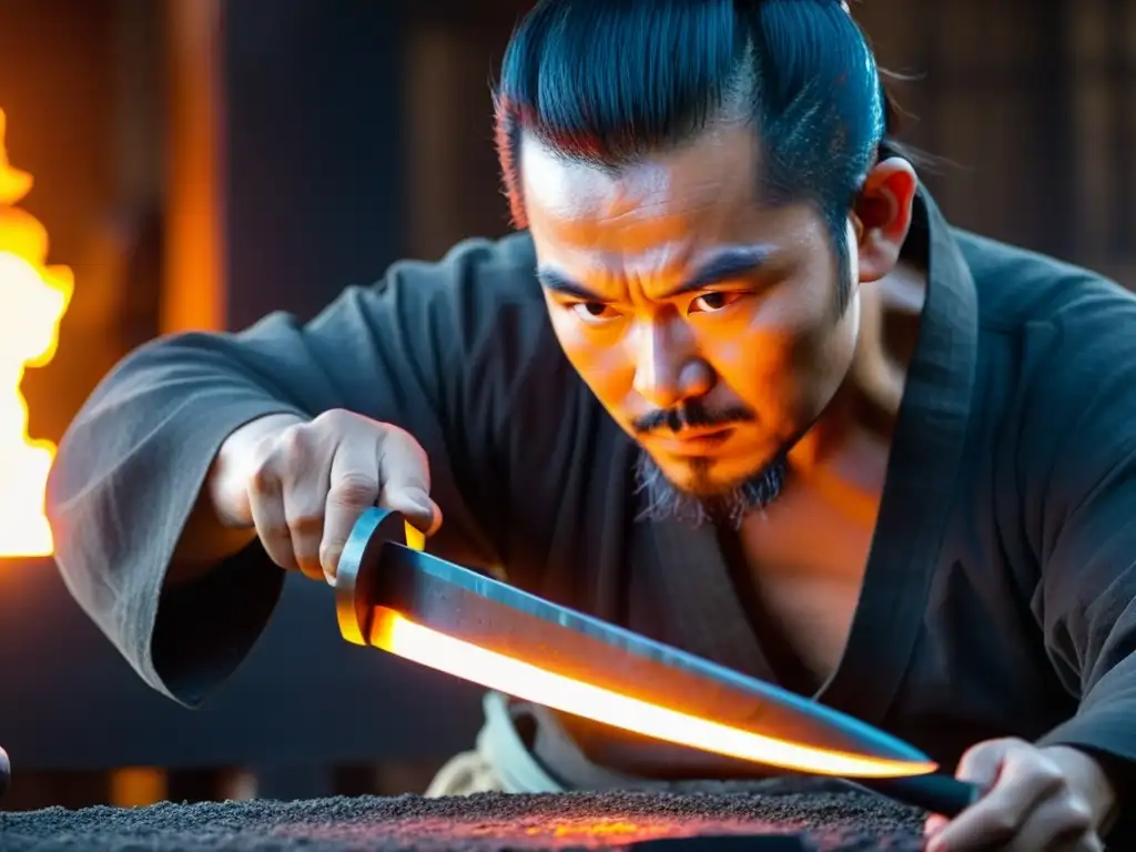Maestro forjador de katanas: el arte ancestral cobra vida Maestro herrero katanas técnicas tradicionales forja con intensa devoción en su taller, el acero brilla como lava fundida