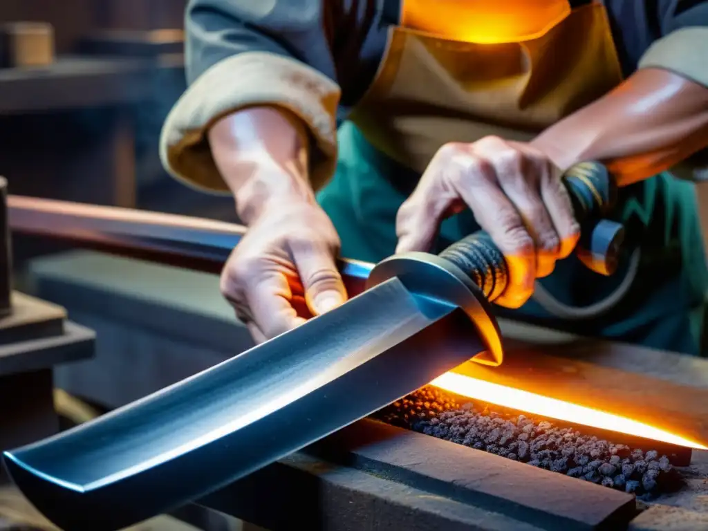 Maestro forjador de katanas: tradición y destreza Un maestro herrero katanas técnicas tradicionales forja con destreza una katana japonesa, rodeado de la cálida luz del horno