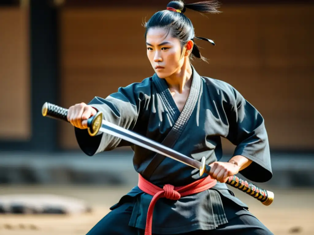 Maestro de Kembu con espada samurái, demostrando equilibrio emocional y gracia en un entorno japonés sereno