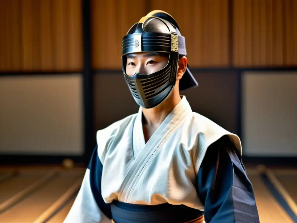 Maestro de Kendo en kamae, concentrado y sudoroso, en una exhibición auténtica de Kendo en Japón