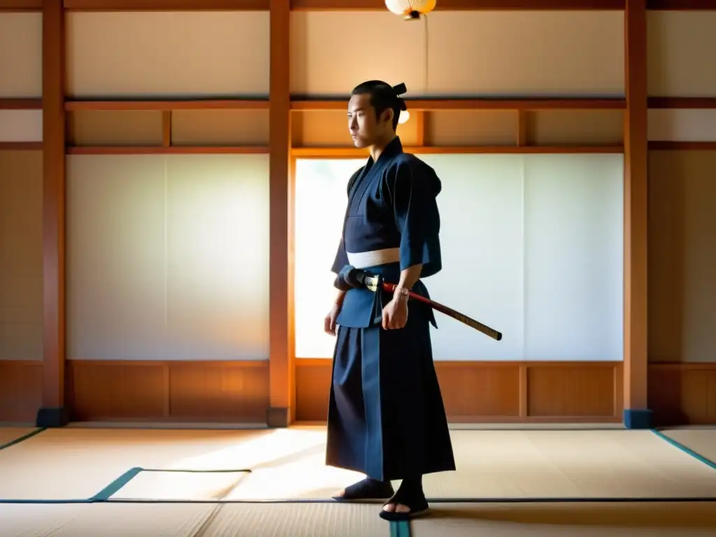 Un maestro de kendo contemporáneo en un dojo sereno, concentrado y con postura perfecta