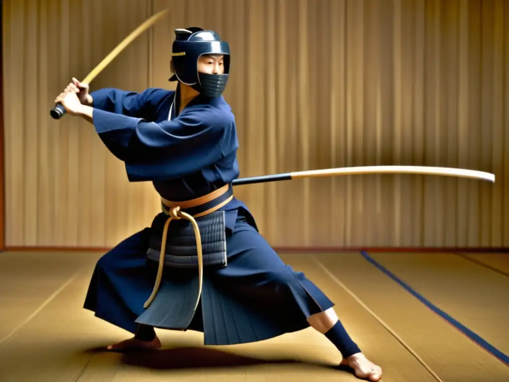 Maestro de Kendo con impecable técnica y postura, concentrado en la práctica en un dojo tradicional, resaltando la importancia de la postura en Kendo