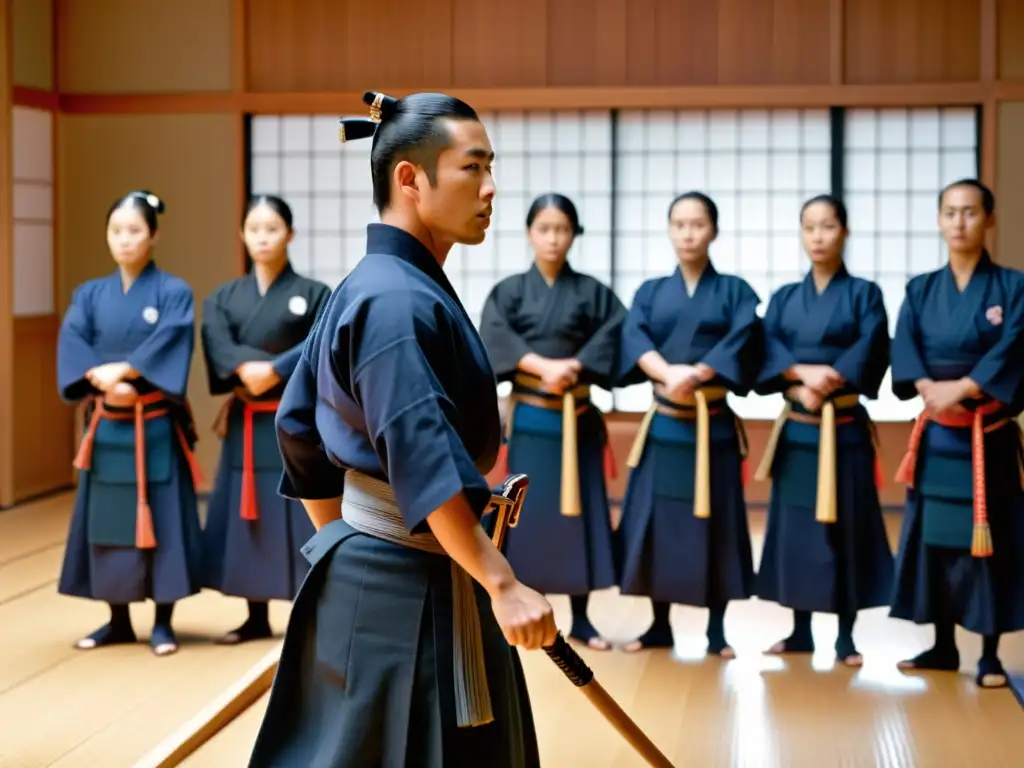 Un maestro de Kendo demuestra innovaciones en el arte, rodeado de estudiantes enfocados en el dojo tradicional