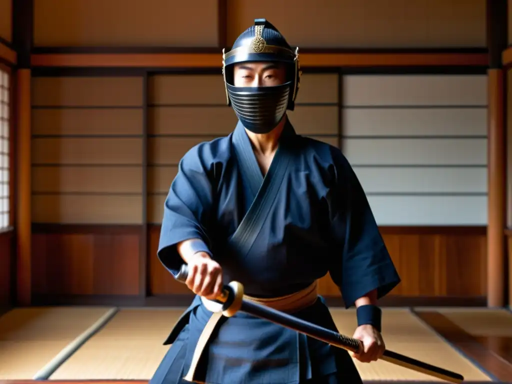 Un maestro de kendo practica con intensa concentración en un dojo japonés, reflejando el espíritu samurái