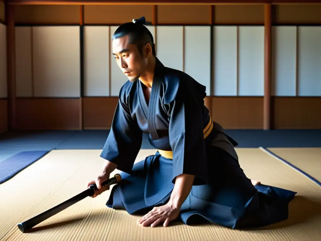 Un maestro de Kendo muestra katas con precisión en un dojo japonés al atardecer