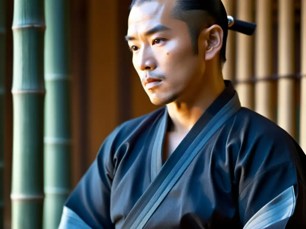 Un maestro de Kendo con mirada serena y espada de bambú, refleja la esencia de la Filosofía del Kendo samurái en una pose meditativa