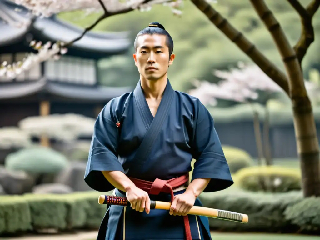 Maestro de Kendo demostrando técnica impecable y postura perfecta en un jardín japonés con árboles de cerezo en flor