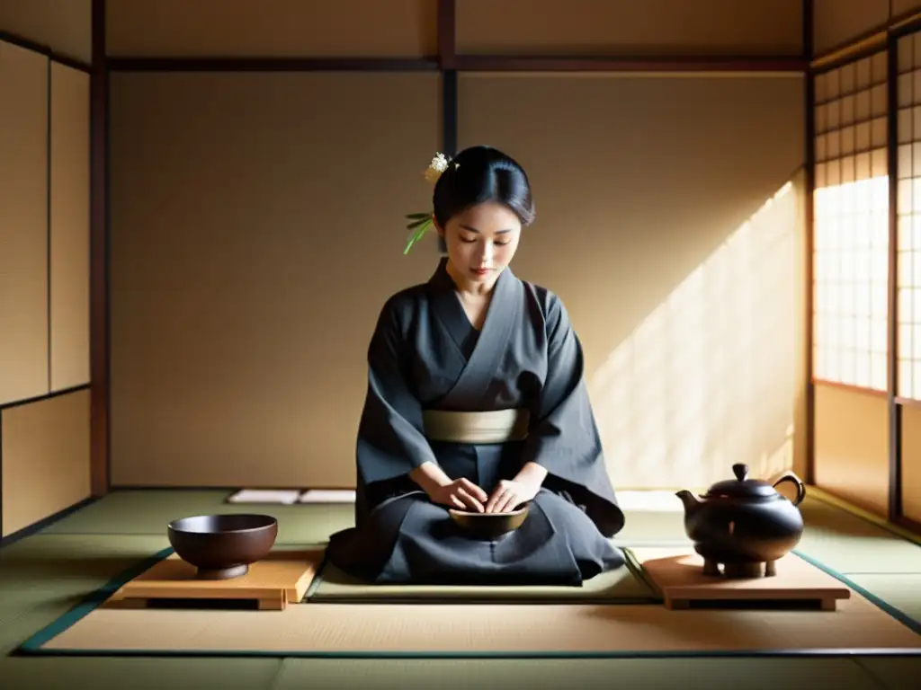 Un maestro del té, en kimono, realiza una ceremonia japonesa en una sala de tatami