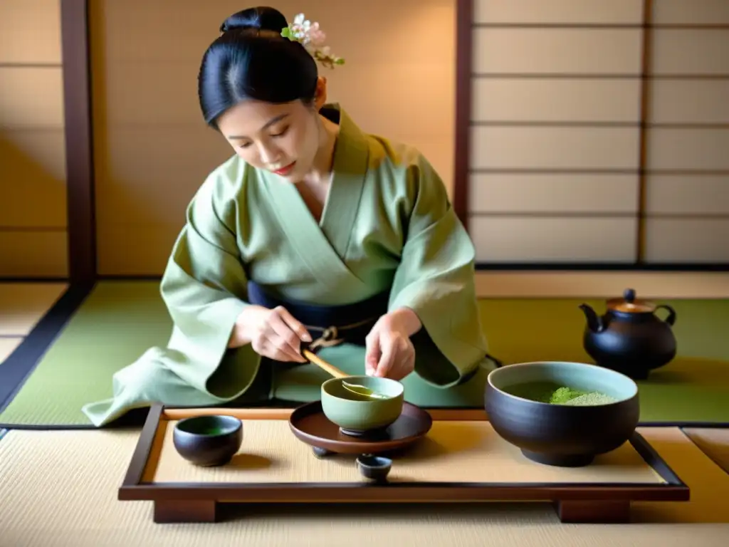 Un maestro del té viste kimono realizando una ceremonia en una habitación tradicional japonesa