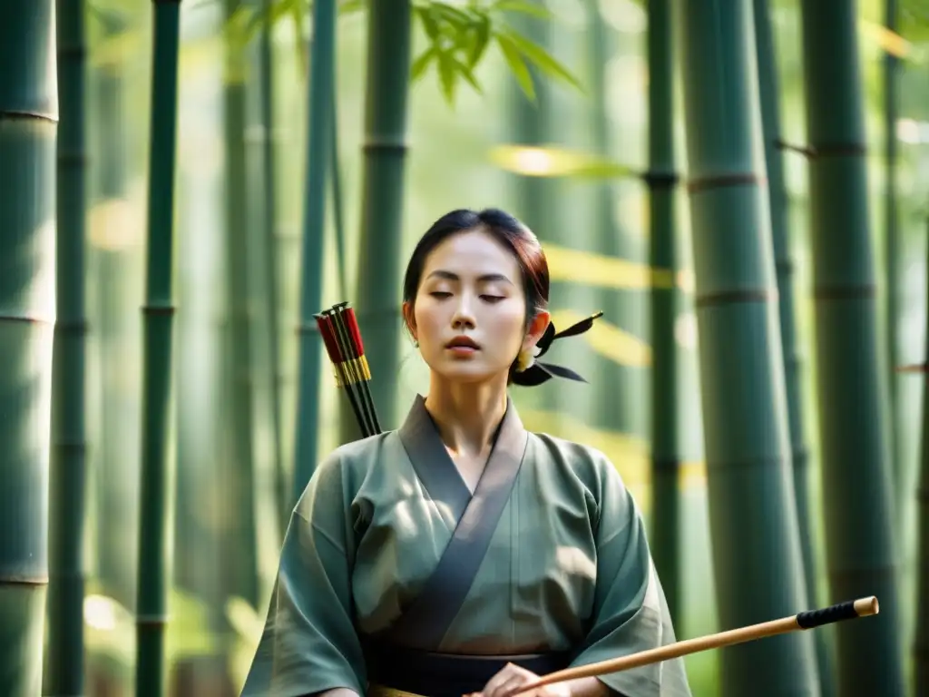 Un maestro de kyudo en meditación profunda, rodeado de naturaleza serena, muestra la importancia de la meditación en Kyudo