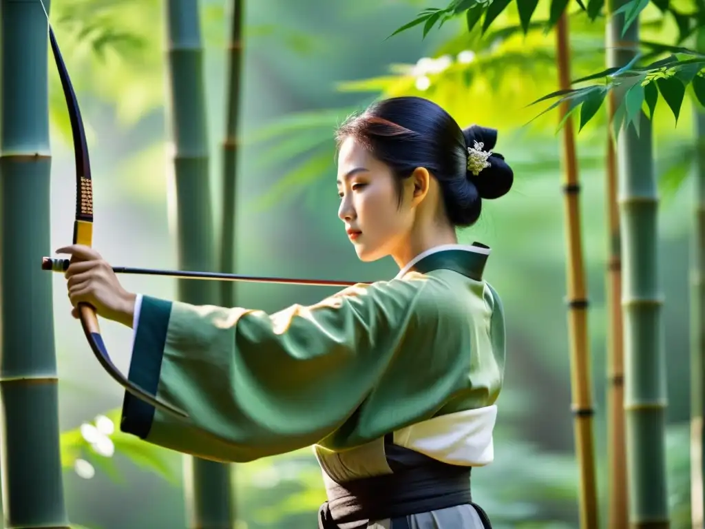 Un maestro de kyudo en un tranquilo bosque de bambú, con precisión y enfoque