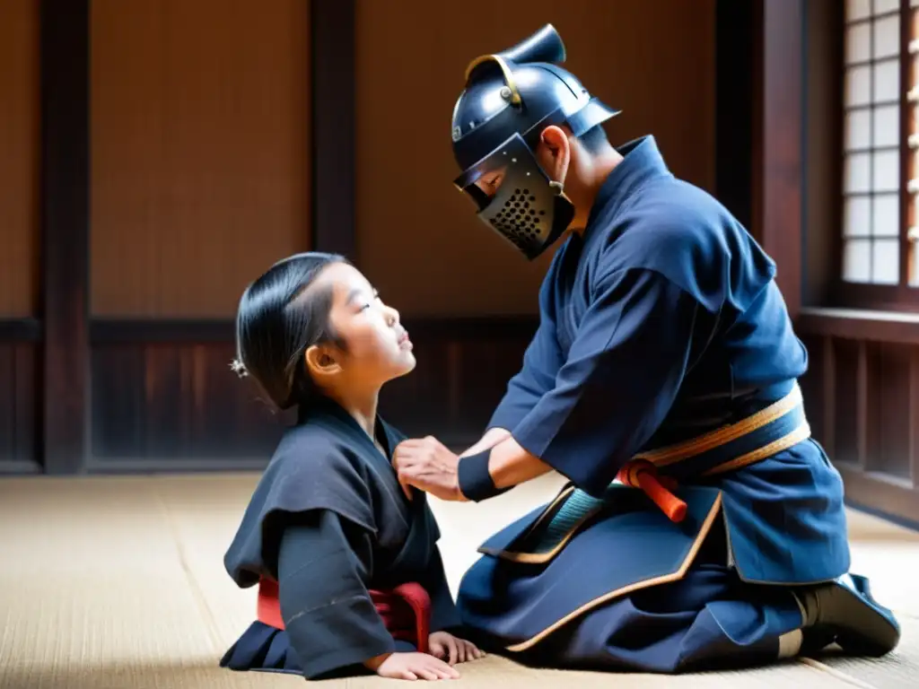 Un maestro legendario de Kendo ajusta con cuidado el casco de su joven estudiante, en un dojo con atmósfera de sabiduría y dedicación atemporal