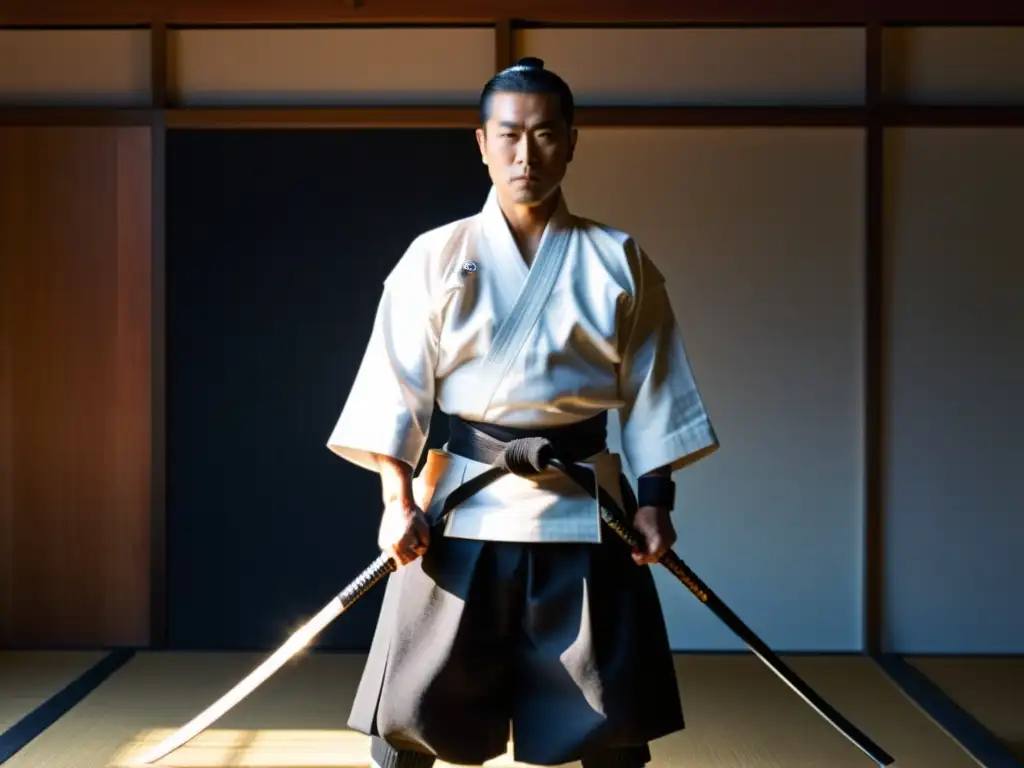 Maestro legendario de Kendo, Hakudo Nakayama, en pose tradicional con uniforme blanco, concentración y la puesta de sol en el dojo